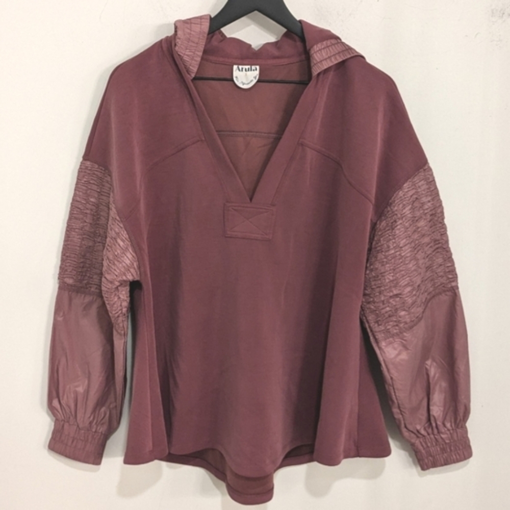 Arula Mauve Pink V Neck Hooded Sweatshirt Size X XL Athleisure Loungewear Stretc